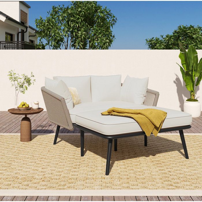 Canapé de jardin convertible chaise longue 2 places avec coussins lavables acier galvanisé beige kaki ORVRYN