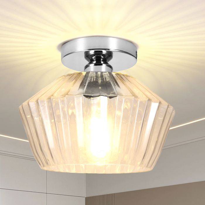 Plafonnier en verre E27 25x19 cm abat-jour transparent strié diamant sans ampoule entrée couloir Chromé