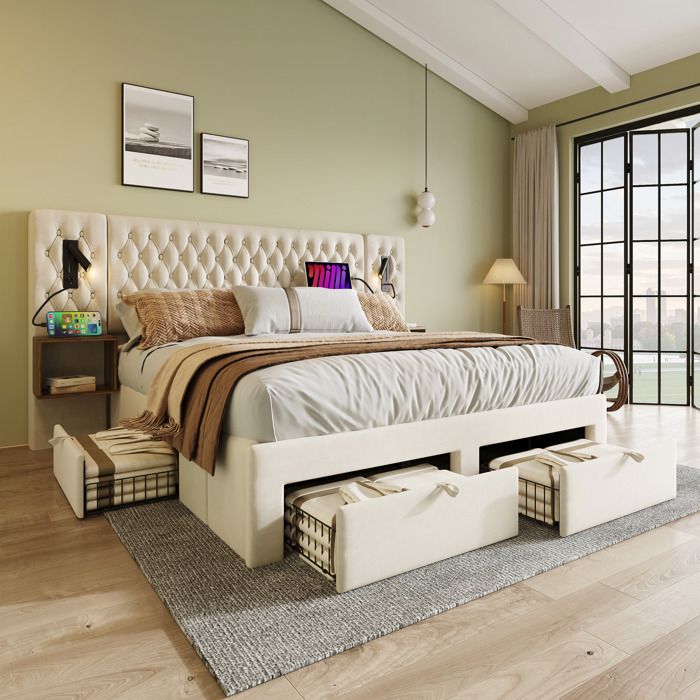 Lit double combiné 180 x 200 cm en velours beige avec 2 tables de chevet 4 tiroirs lampes de lecture USB Type-C