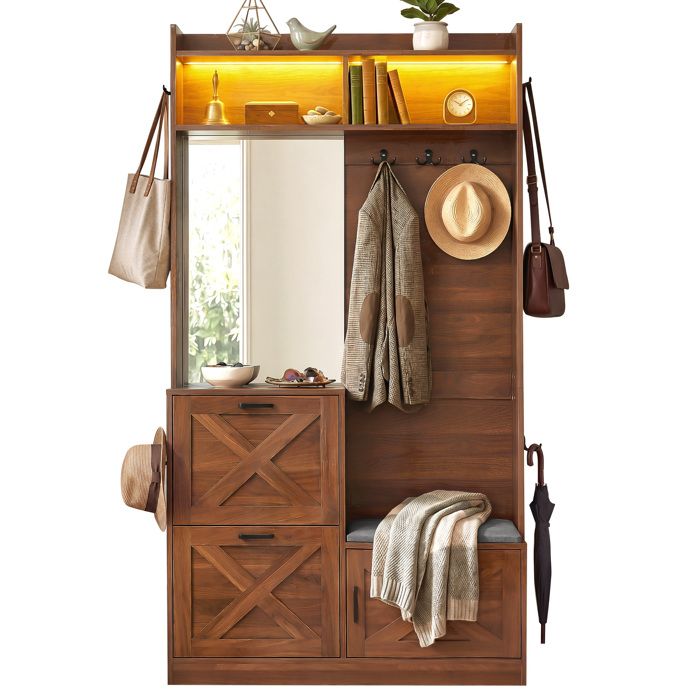 Vestiaire dEntrée 100x25x180 cm COZHYESS Meuble Multi-Rangements Miroir Plein Pied LED APP 2 Abattants Banc Rembourré - Noyer