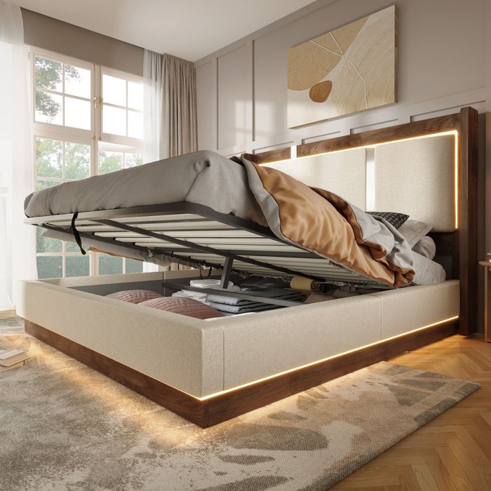 Lit coffre 140x200 avec LED intégrée sommier à lattes ouverture hydraulique tissu beige et effet noyer ORVRYN