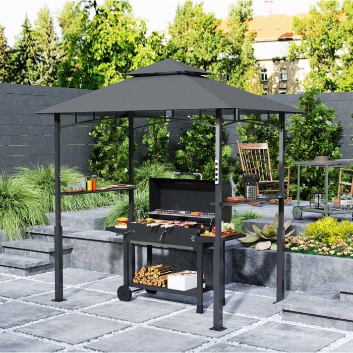 Abri barbecue toit double en métal gris foncé 2 tablettes latérales 8 crochets lampe LED magnétique - UVRION
