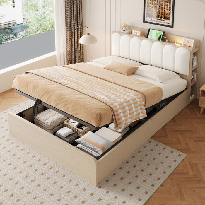 Lit coffre avec tête de lit rembourrée rangements tablette USB et veilleuse - TCQPZ - Bois MDF et velours - Bois naturel