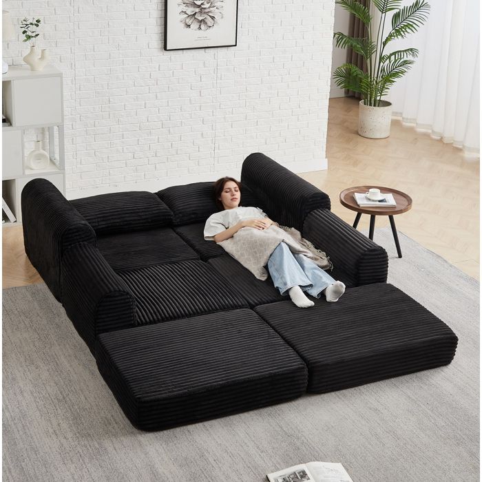 Canape convertible 2 en 1 modulaire 2 places en velours cotele noir avec 2 coussins et repose-pieds amovible