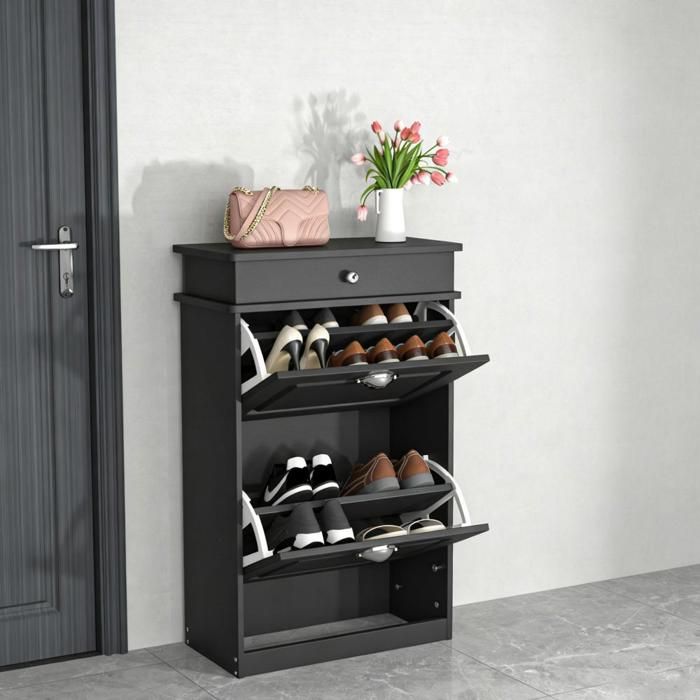 MIPAN.Meuble À Chaussures Laqué Noir - 2 Casiers Rabattables Grand Volume De Rangement - Dimensions 53x22x85cm