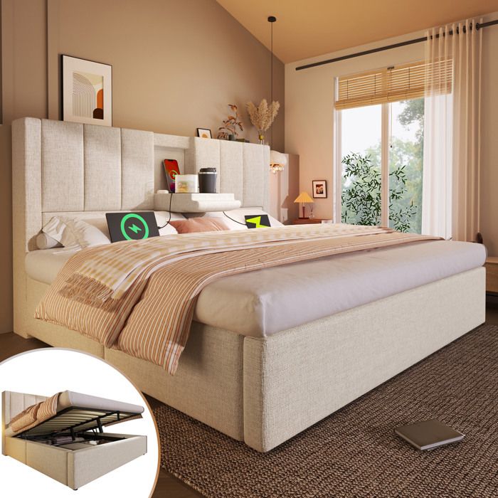 Lit coffre 160 x 200 cm en lin beige lit double rembourre avec charge USB-C porte-gobelets caches et sommier