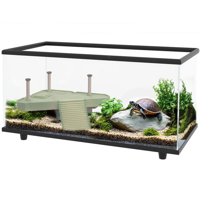 Aquarium Tortue en Verre 50L avec Plateforme de Bronzage Drainage Facile et Thermomètre Autocollant - 60x30x32 cm