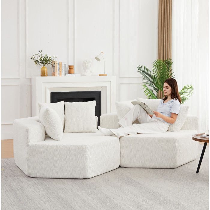 Fauteuil modulaire hexagonal 1 place en chenille bouclée beige avec 3 coussins style lounge