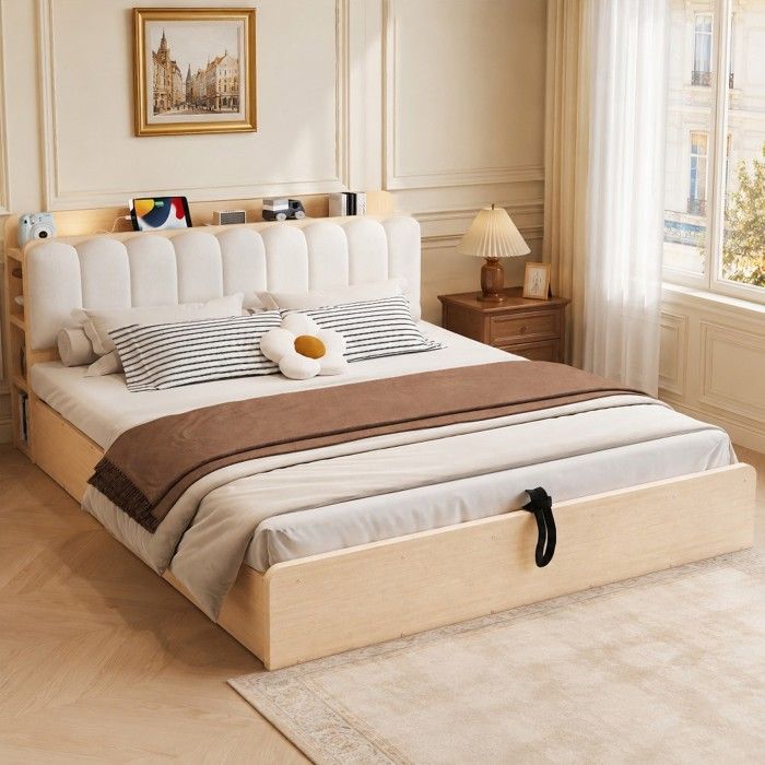 Lit Double 180×200cm bois sommier hydraulique rangement tête rembourrée étagère USB veilleuse finition bois naturel Sans Matelas