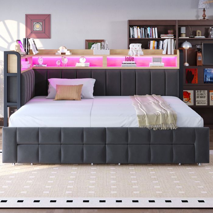 Modenuit Canapé-lit rembourré 90x200 cm convertible 180x200 cm velours gris foncé LED USB rangement