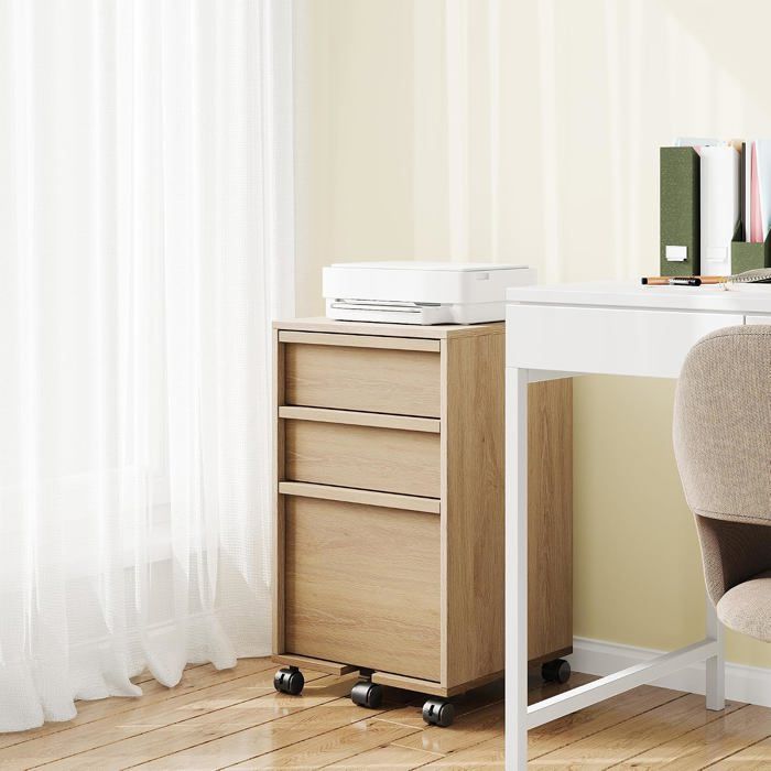 Desserte de bureau roulant 3 tiroirs en bois pour bureau à domicile grand tiroir 2 roulettes freinées Naturel