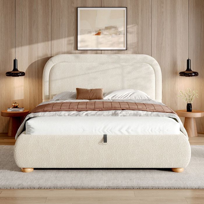Lit double 140x200 en bouclé beige - Lit coffre de rangement hydraulique 2 personnes - Sommier à lattes - Style cosy