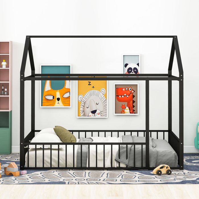 Lit Superposé Enfant 90x200 cm Barrières de Sécurité Angles Arrondis Pieds Surélevés Métal Noir
