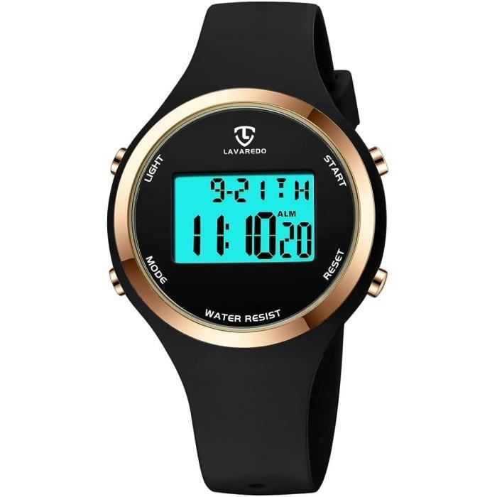 Montre Digitale Femme Avec Chronomètre, Eclairage, Alarme, Calendrier- Montres Sport Avec Bracelet En Silicone[u919] 01 Noir Or, - Achat/vente  montre Neuf - Cdiscount