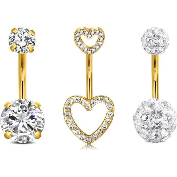 3 Pièce 14G Piercing Nombril Acier Chirurgical avec CZ Clair Petits Cristaux Ronds Piercing au