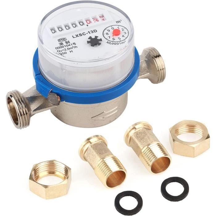 Ejoyous Compteur D'Eau Froide 15mm (1/2 Pouce) – Débit 1,5 M³/h – Raccords Cuivre – Pour Jardin, Arrosage, Maison