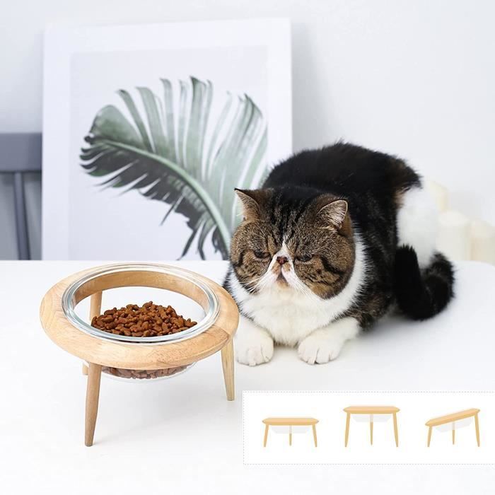 Gamelle Chat en Bois Bol Verre pour Chat incliné à 15 ° Gamelle