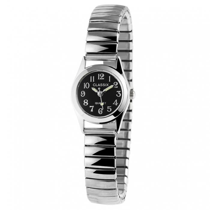 Montre Femme Clasixx - Bracelet élastique Argenté Et Noir - Neuf Avec étiquettes