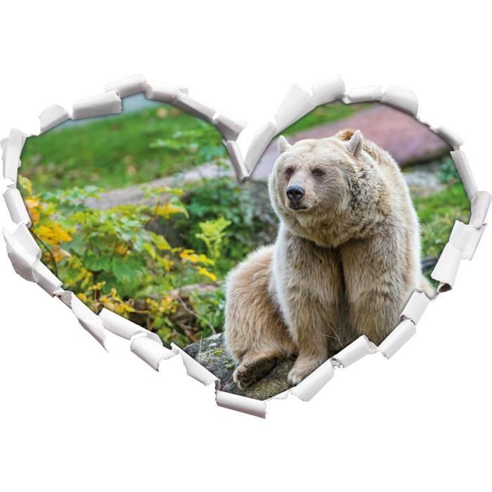 Peluche Grizzly sur la forme de coeur en pierre dans le regard 3D mur ou un autocollant de porte Format 62x43.5cm Stickers Cdiscount Maison