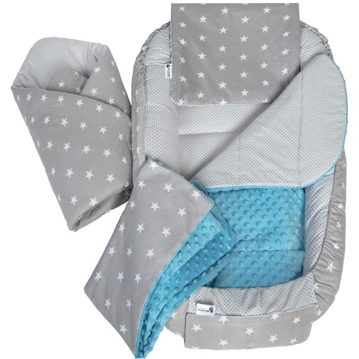 Medi Partners 5 éléments Cocon de Bébé 100x60x15cm 100% Coton Réducteur de lit Bébé (Étoiles Grises et Minky Turquoise)