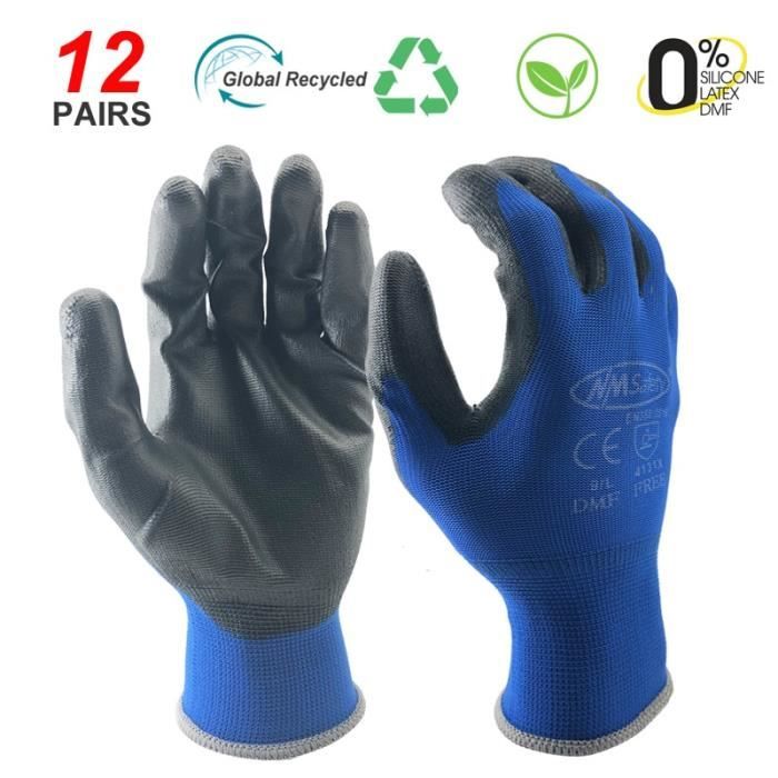 Taille S - 12 paires de gants de protection en Nylon bleu, souples