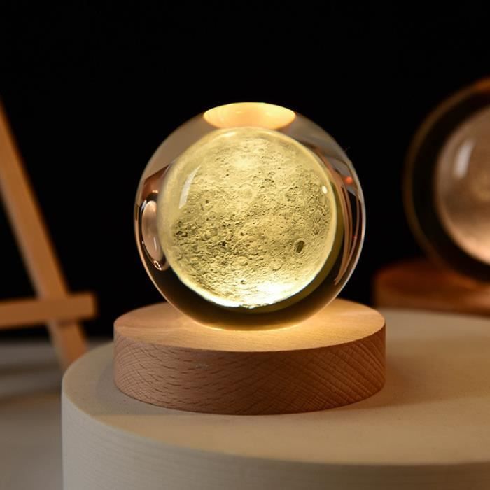 Veilleuse Boule De Cristal USB Version Lune - Lampe De Nuit LED, Blanche, Ambiance Douce
