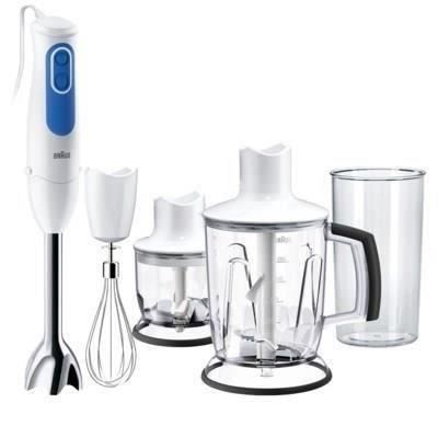 mixeur plongeant - braun - mq3045wh aperitive - multiquick 3 avec 2 hachoirs - blanc et bleu