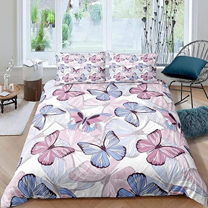 Housse de Couette 220x240 Une Rose, Papillon Parure de Lit 2 Personnes Imprimée 3D Microfibre, 2 Taies d'oreiller 65x65 cm avec Fermeture éclair