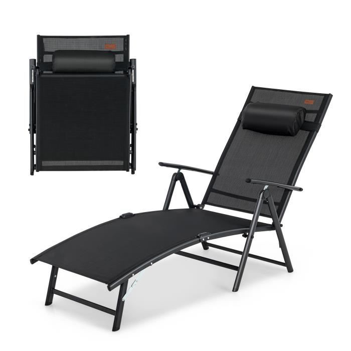 costway chaise longue pliante, avec dossier réglable à 7 positions, accoudoir, repose-tête, pour la piscine, le jardin, noir