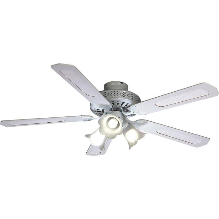 Ventilateur de plafond réversible FARELEK BALEARES - Ø 132 cm, 5 pales blanches / cannées blanches + éclairage