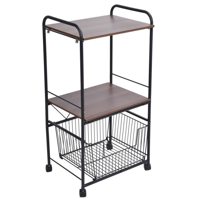 Chariot Rangement Micro-ondes Compact 2 Niveaux Avec Panier Et Tiroir - Noir