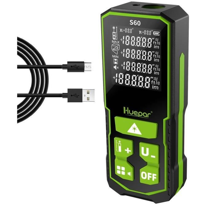 Télémètre Laser Huepar 60M Batterie Rechargeable LCD Mesureur Laser M/In/Ft Mode Multi-Mesure Pythagore Distance Surface&Volume-S60