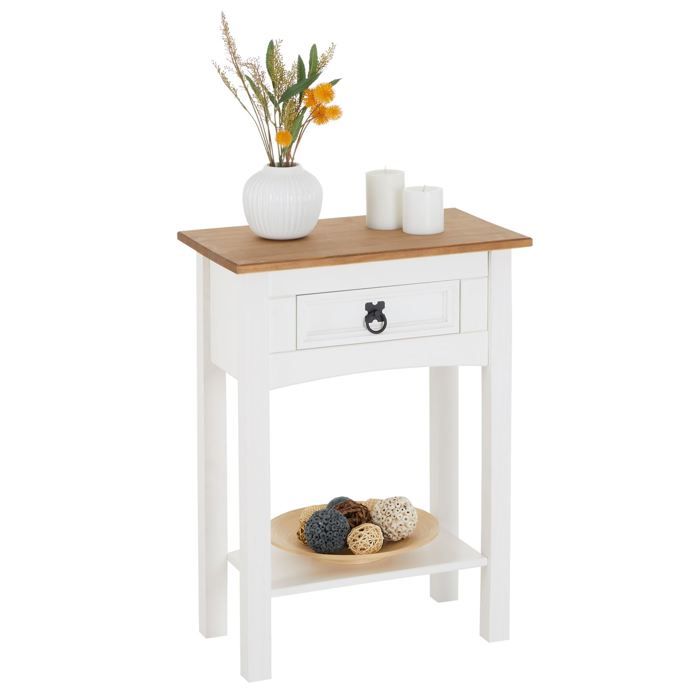 Table console CAMPO table dappoint en bois style mexicain avec 1 tiroir et 1 étagère en pin massif lasuré blanc et brun Table console CAMPO table dappoint en bois style mexicain avec 1 tiroir et 1 étagère en pin massif lasuré blanc et brun