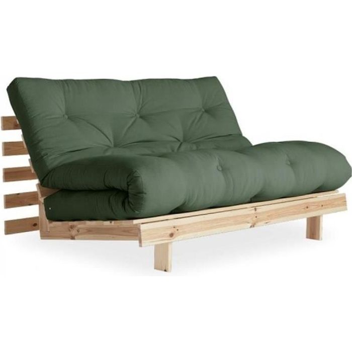 Canapé convertible futon ROOTS pin naturel coloris vert olive couchage 140*200 cm