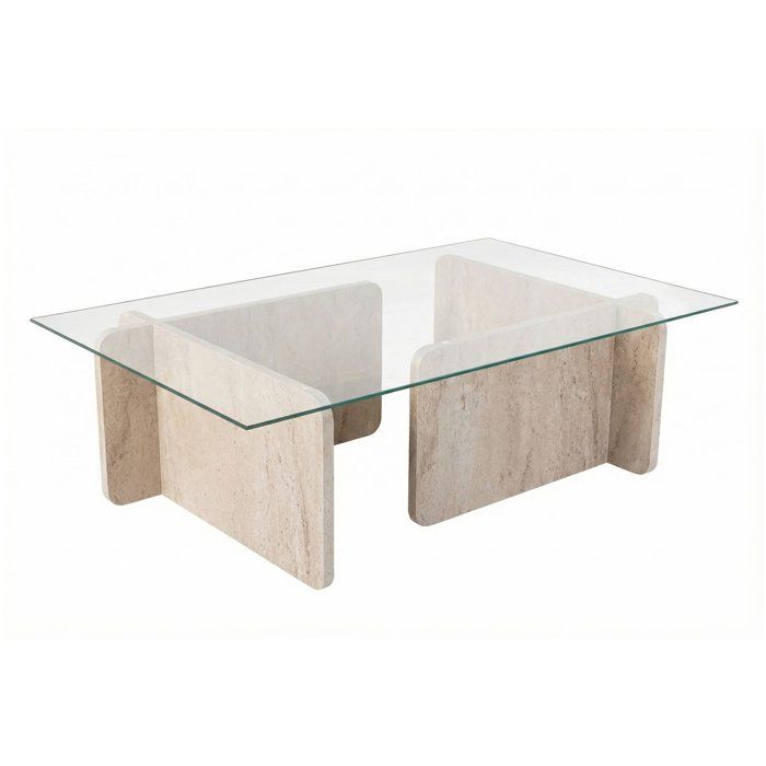 Vente-unique Table basse - FLAVIO - Travertine - Rectangulaire - Verre trempé et panneaux de particules - Style élégant - 105x65x30 cm
