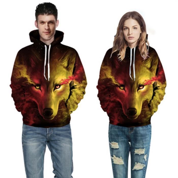 Sweats a Capuche Homme Sweat shirt 3d Pull Fantaisie Hiver Loup Orange Cdiscount Pret a Porter
