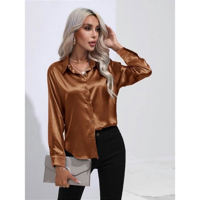 Blouse Chemisier En Satin Manches Longues Chemisier Couleur Or