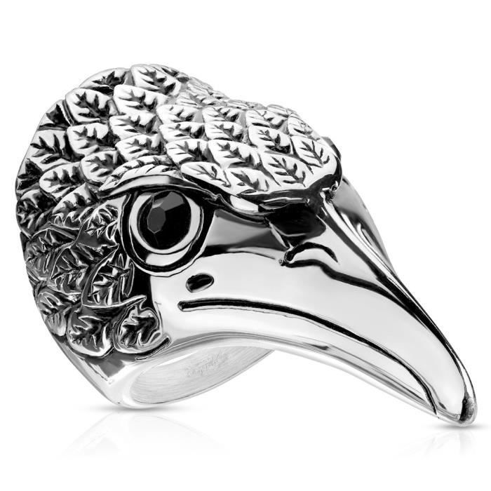 Bague anneau chevalière homme acier à tête d'aigle de sang viking