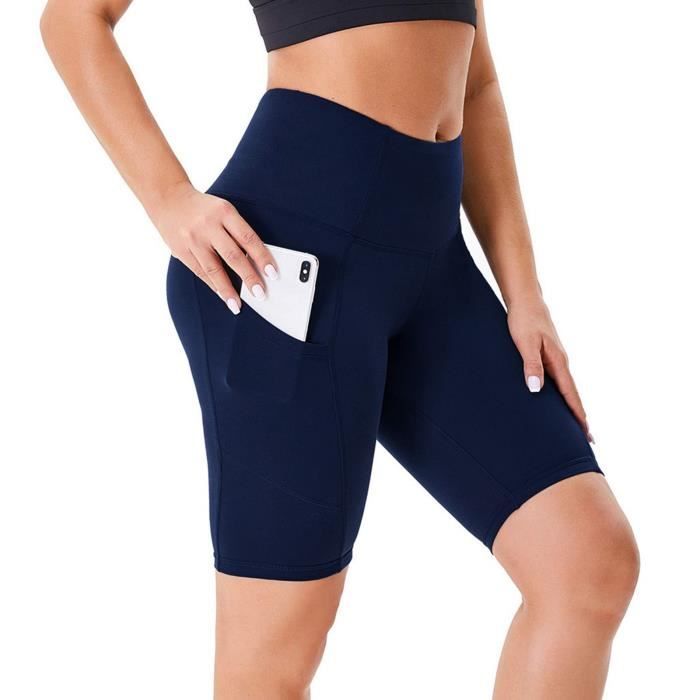 Short de yoga solide taille haute pour femme avec 2 poches cachees Short serre m5805 Bleu Cdiscount Pret a Porter