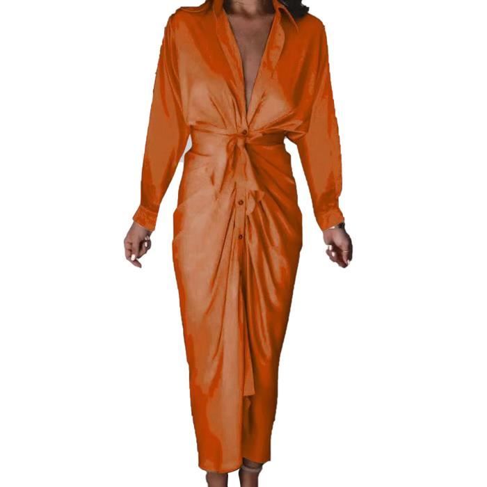 Office Robe ROBE Office Lady Dress Couleur unie Satin Surface Automne Robe chemise ...