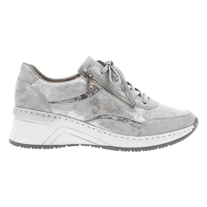 Rieker Baskets Femme Rieker - Modèle argenté à talon compensé en cuir - Lacets gris pailleté