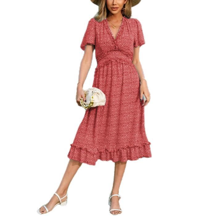 Femmes Robe Été Mi-Longue Manches Courtes Robe Robes Casual Été Plage ...