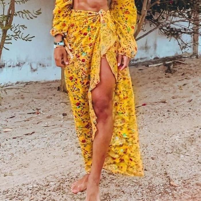 Kanpola Robe De Plage Kimono Femme Motif Floral Mousseline De Soie - Longue Robe De Chambre Élégante - Vert Taille 38