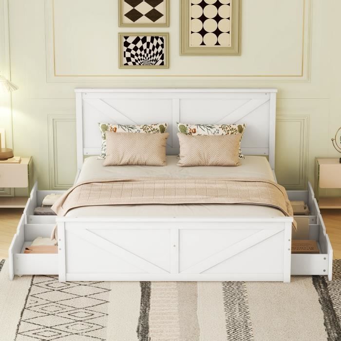 lit plateforme simple en bois 160 x 200 avec quatre tiroirs, blanc