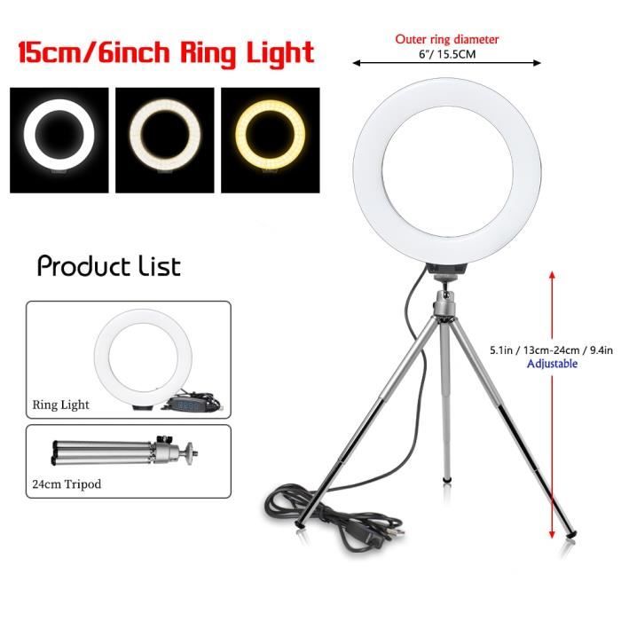 6 Pouces Anneau Lumineux LED Ring Light avec Pied et Télécommande