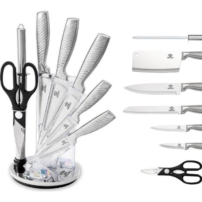 Set De Couteaux Cuisine AMEGAT 15 Pièces - Bois Triple Rivet - Aiguiseur Intégré - Bloc Inclus