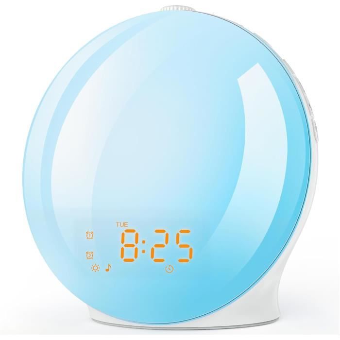 Réveil Simulateur D'aube LIORQUE - Lampe De Chevet LED, 30 Sons, 13 Niveaux De Luminosité, Chargeur Téléphone - 7