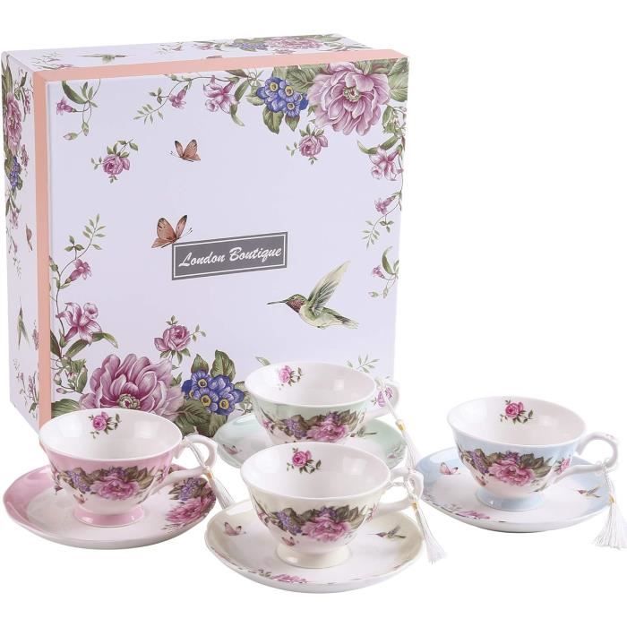 Lot De 3 Assiettes à Café Et Soucoupes Shabby Chic Vintage - Porcelaine Oiseaux Et Fleurs