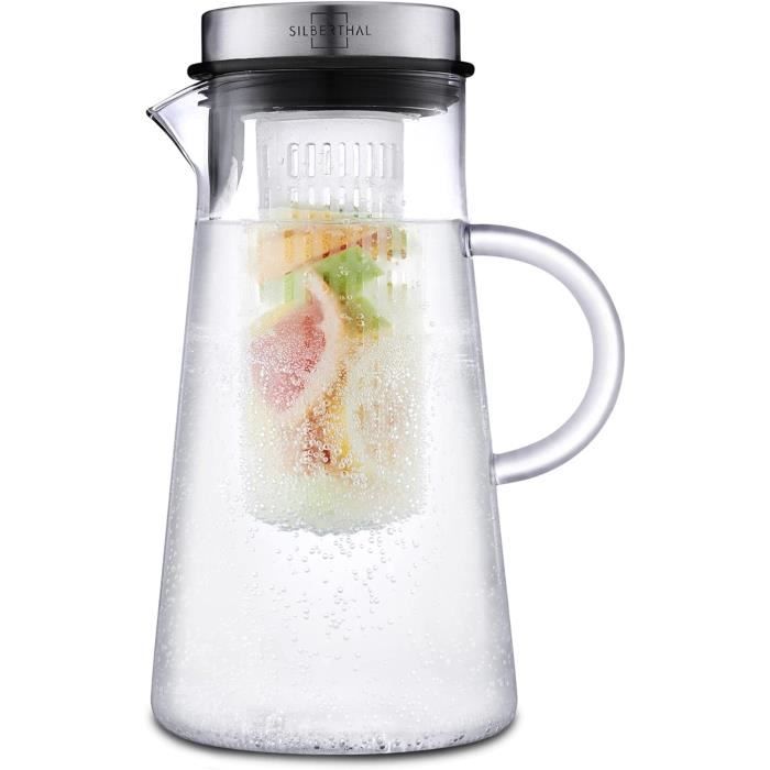 Carafe Verre 1,2L Avec Brochette Fruits - Pichet Eau Ou Thé - Couvercle Inox