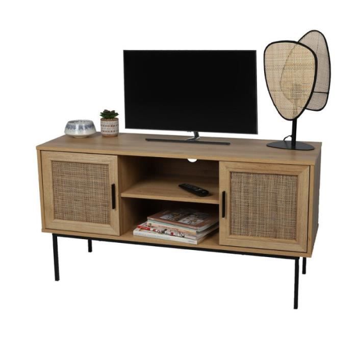 meubles tv - meuble tv en bois et métal avec 2 portes et 2 niches de rangement "romy" - marron/noir - l 120 x p 39 x h 63 cm